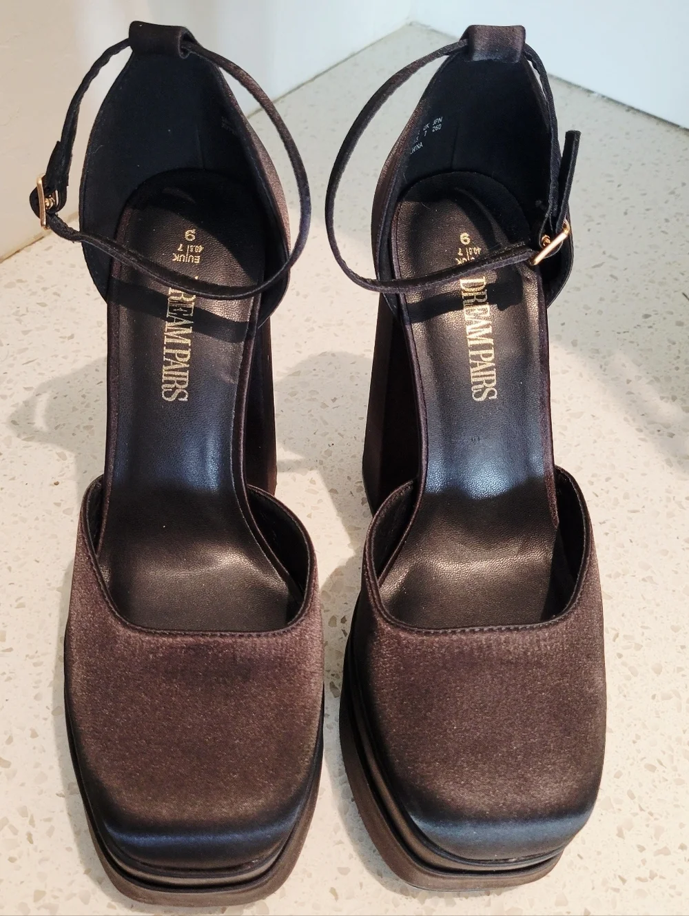 Dream Pairs Black Satin Platform Block Heels with Ankle Strap | Size 9